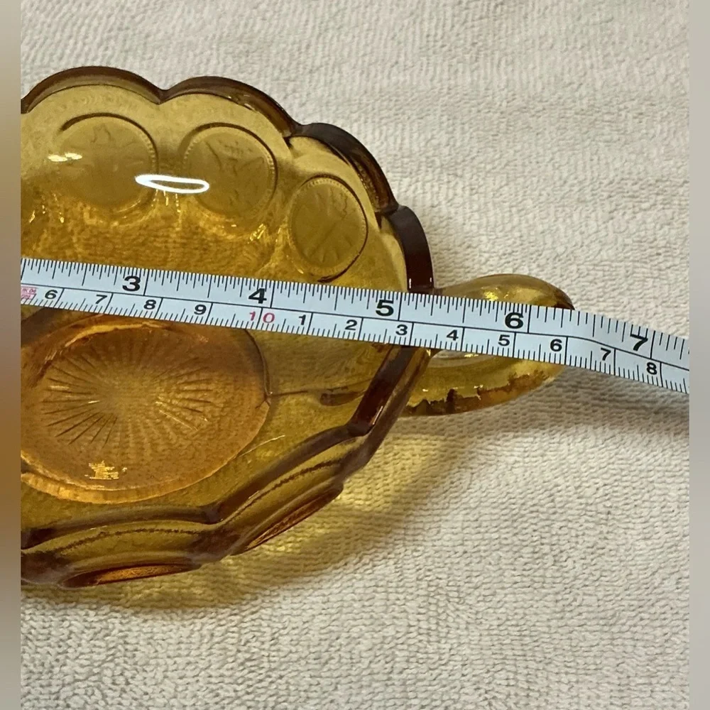 Fostoria Amber Coin Nappy Dish Glass 1887 Liberty Eagle Torch Pattern Handle Vtg